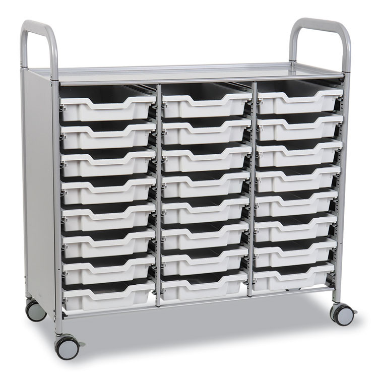 GRATNELLS USA, LLC SSET034419 Callero Plus Treble Column Trolley Set 03, Metal, 1 Shelf, 24 F1 Shallow Bins, 40.6" x 17.3" x 41.5", Silver/Light Gray