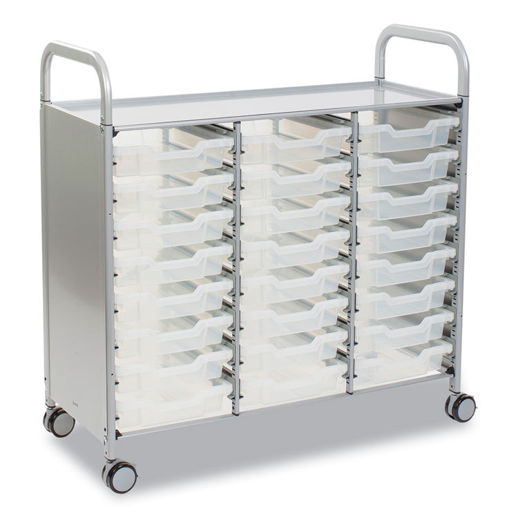 GRATNELLS USA, LLC SSET034420 Callero Plus Treble Column Trolley Set 03, Metal, 1 Shelf, 24 F1 Shallow Bins, 40.6 x 17.3 x 41.5, Silver/Translucent Frost