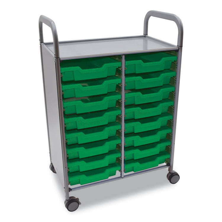 GRATNELLS USA, LLC SSET054410 Callero Plus Double Column Trolley Set 05, Metal, 1 Shelf, 16 F1 Shallow Bins, 27.4" x 17.3" x 41.5", Silver/Grass Green