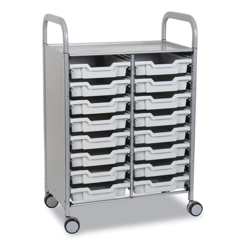 GRATNELLS USA, LLC SSET054419 Callero Plus Double Column Trolley Set 05, Metal, 1 Shelf, 16 F1 Shallow Bins, 27.4" x 17.3" x 41.5", Silver/Light Gray