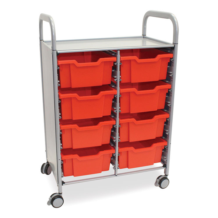 GRATNELLS USA, LLC SSET134409 Callero Plus Double Column Trolley Set 13, Metal, 1 Shelf, 8 F2 Deep Bins, 27.4" x 17.3" x 41.5", Silver/Flame Red