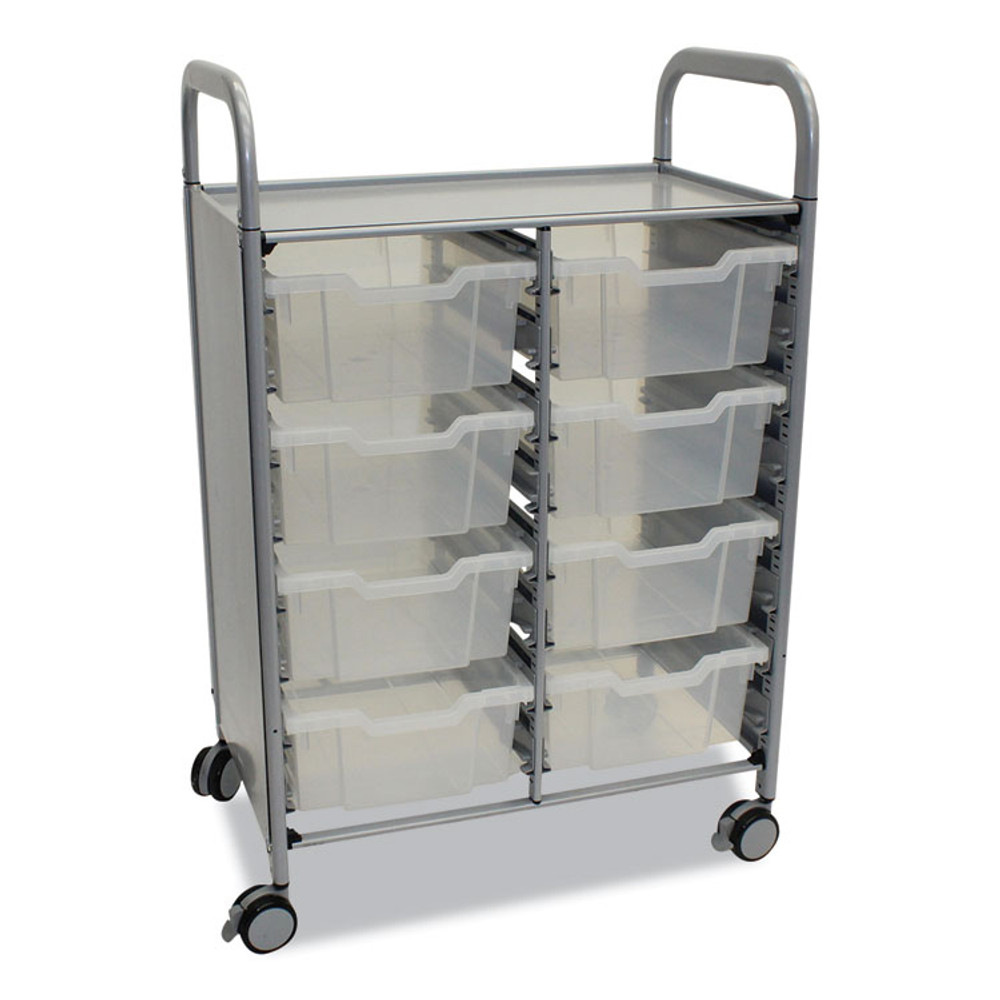 GRATNELLS USA, LLC SSET134420 Callero Plus Double Column Trolley Set 13, Metal, 1 Shelf, 8 F2 Deep Bins, 27.4" x 17.3" x 41.5", Silver/Translucent Frost