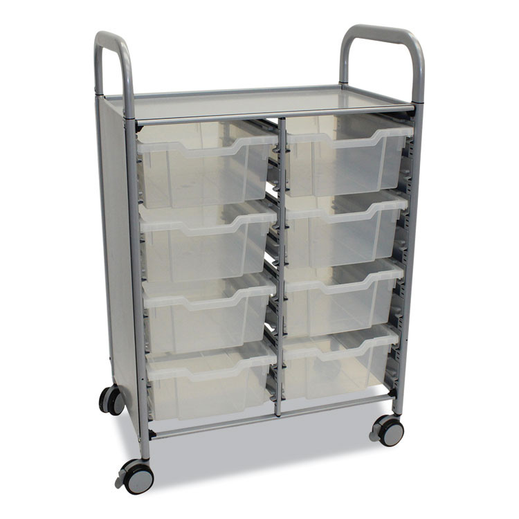 GRATNELLS USA, LLC SSET134420 Callero Plus Double Column Trolley Set 13, Metal, 1 Shelf, 8 F2 Deep Bins, 27.4" x 17.3" x 41.5", Silver/Translucent Frost