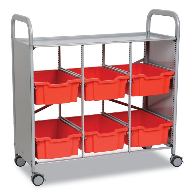 GRATNELLS USA, LLC SSET164409 Callero Plus Treble Column Trolley Set 16, Metal, 1 Shelf, 6 F2 Deep Bins, 40.6" x 17.3" x 41.5", Silver/Flame Red