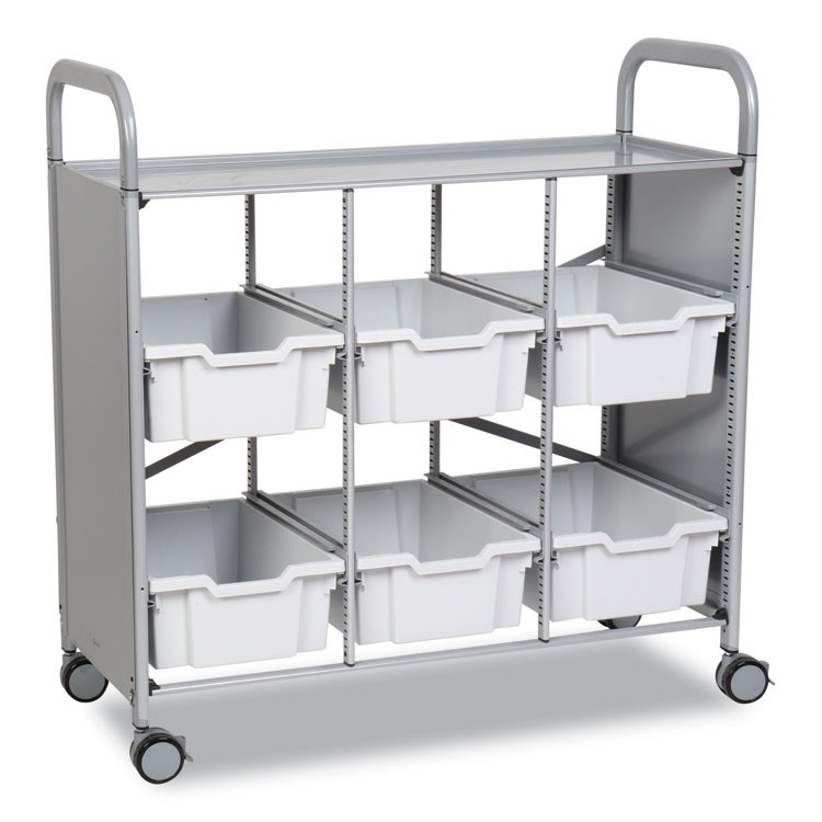 GRATNELLS USA, LLC SSET164419 Callero Plus Treble Column Trolley Set 16, Metal, 1 Shelf, 6 F2 Deep Bins, 40.6" x 17.3" x 41.5", Silver/Light Gray