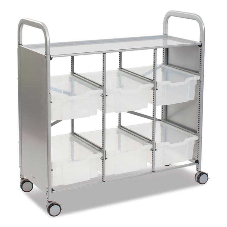 GRATNELLS USA, LLC SSET164420 Callero Plus Treble Column Trolley Set 16, Metal, 1 Shelf, 6 F2 Deep Bins, 40.6" x 17.3" x 41.5", Silver/Translucent Frost
