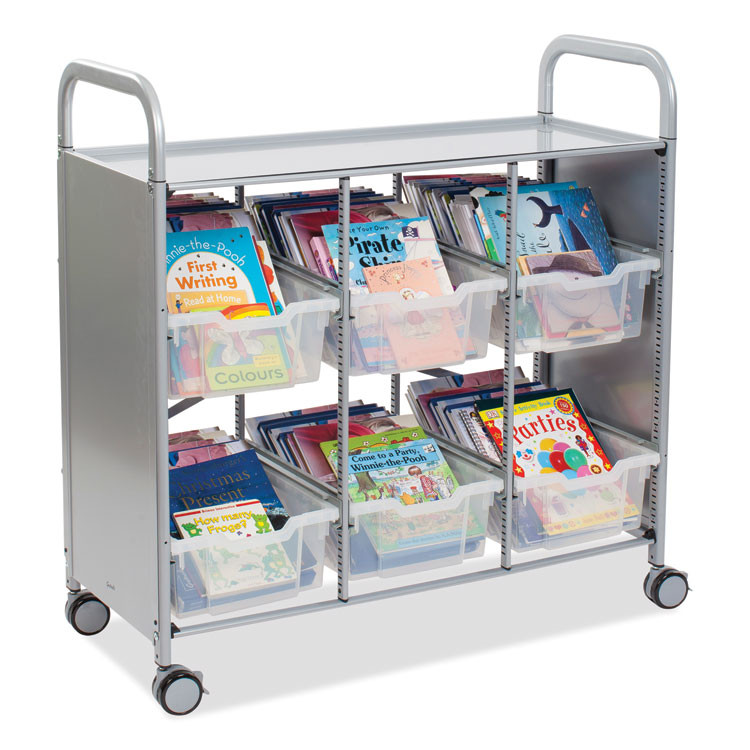 GRATNELLS USA, LLC SSET164420 Callero Plus Treble Column Trolley Set 16, Metal, 1 Shelf, 6 F2 Deep Bins, 40.6" x 17.3" x 41.5", Silver/Translucent Frost