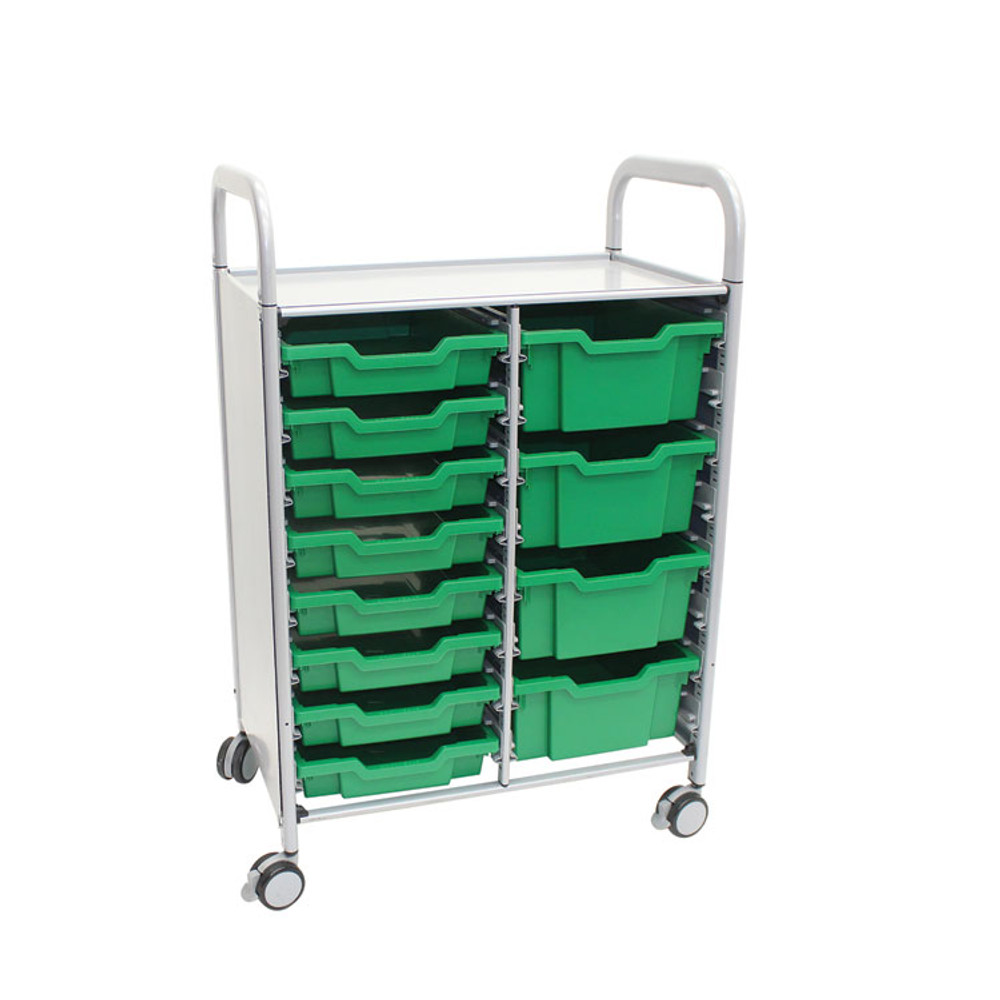 GRATNELLS USA, LLC SSET184410 Callero Plus Double Column Trolley Set 18, Metal, 1 Shelf, 8 F1 Bins, 4 F2 Bins, 27.4" x 17.3" x 41.5", Silver/Grass Green