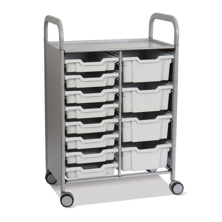 GRATNELLS USA, LLC SSET184419 Callero Plus Double Column Trolley Set 18, Metal, 1 Shelf, 8 F1 Bins, 4 F2 Bins, 27.4" x 17.3" x 41.5", Silver/Light Gray