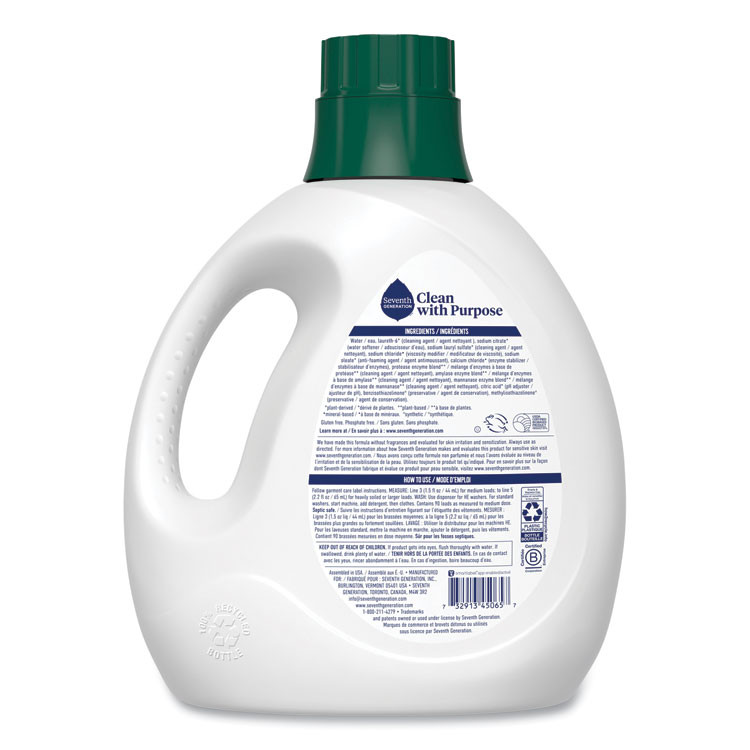 SEVENTH GENERATION 45065EA Natural Liquid Laundry Detergent, Fragrance Free, 135 oz Bottle