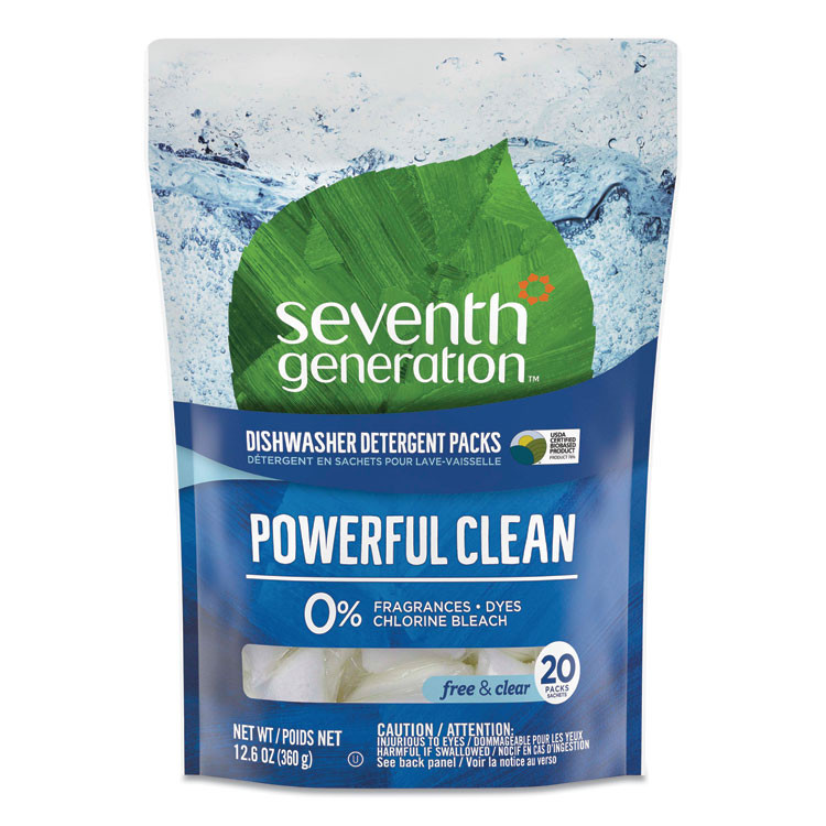 SEVENTH GENERATION 45180EA Natural Automatic Dishwasher Detergent Packs, Free and Clear, 45 Powder Packets/Box