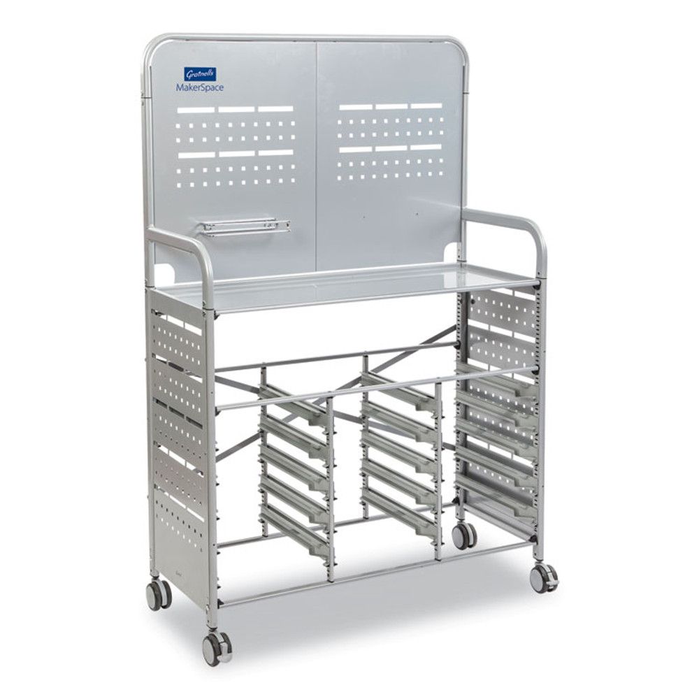 GRATNELLS USA, LLC MST014409 Callero MakerSpace Trolley Set 1, Metal, 1 Shelf, 12 F1 Shallow Bins, 3 F2 Deep Bins, 42.9" x 17.3" x 61.8", Silver/Flame Red