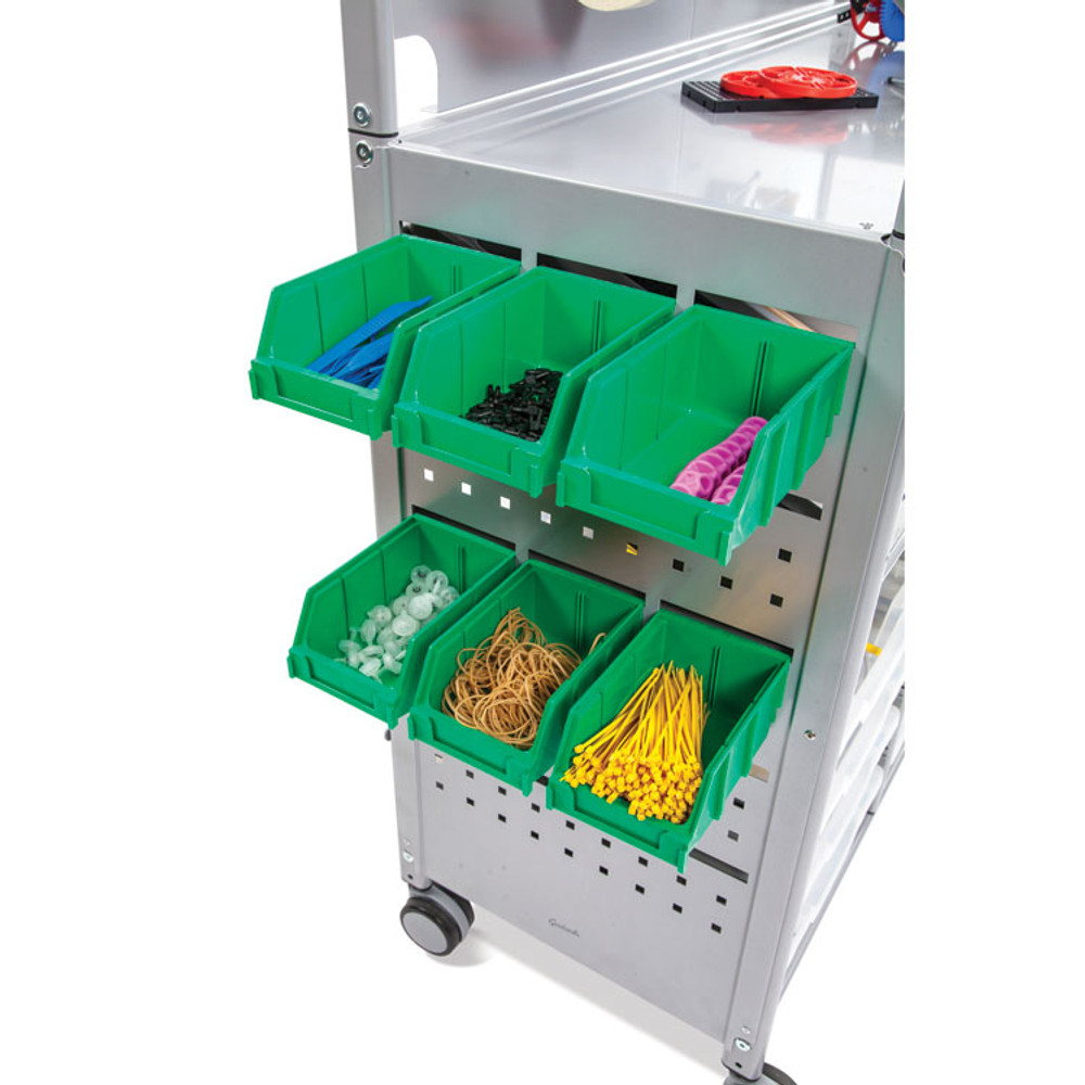 GRATNELLS USA, LLC MST014409 Callero MakerSpace Trolley Set 1, Metal, 1 Shelf, 12 F1 Shallow Bins, 3 F2 Deep Bins, 42.9" x 17.3" x 61.8", Silver/Flame Red
