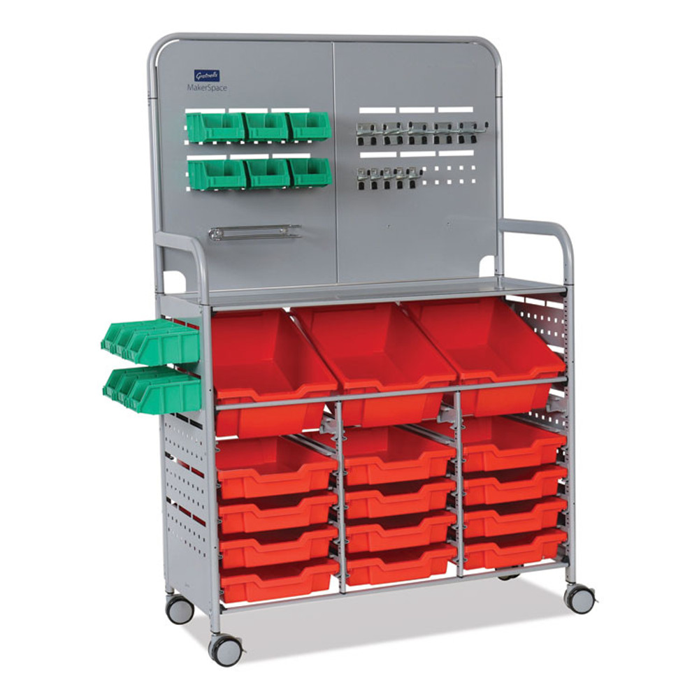 GRATNELLS USA, LLC MST014409 Callero MakerSpace Trolley Set 1, Metal, 1 Shelf, 12 F1 Shallow Bins, 3 F2 Deep Bins, 42.9" x 17.3" x 61.8", Silver/Flame Red