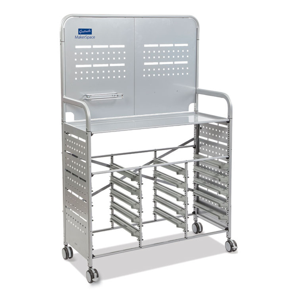 GRATNELLS USA, LLC MST014410 Callero MakerSpace Trolley Set 01, Metal, 1 Shelf, 12 F1 Bins, 3 F2 Bins, 42.9" x 17.3" x 61.8", Silver/Grass Green