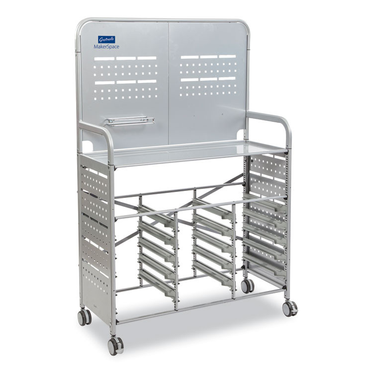 GRATNELLS USA, LLC MST014419 Callero MakerSpace Trolley Set 01, Metal, 1 Shelf, 12 F1 Bins, 3 F2 Bins, 42.9" x 17.3" x 61.8", Silver/Light Gray