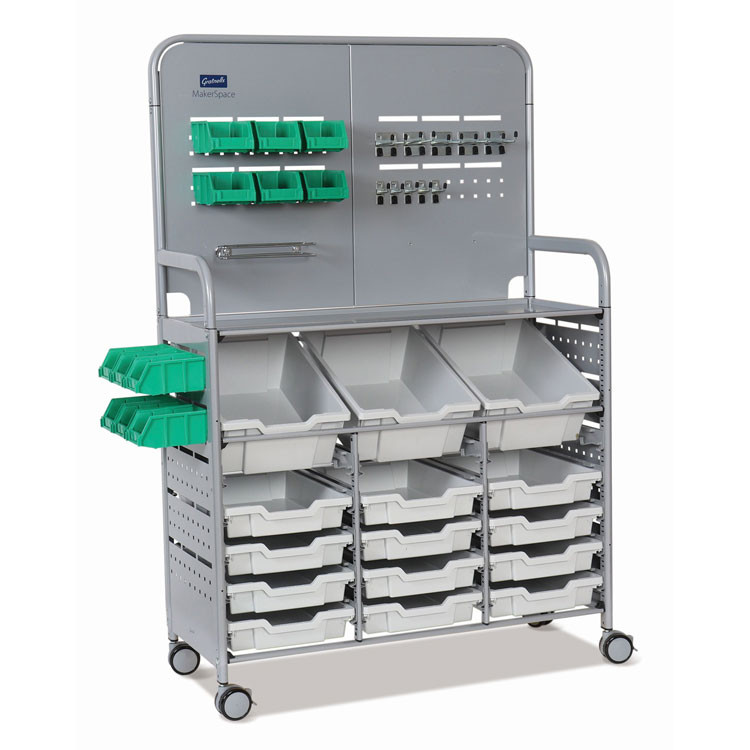 GRATNELLS USA, LLC MST014419 Callero MakerSpace Trolley Set 01, Metal, 1 Shelf, 12 F1 Bins, 3 F2 Bins, 42.9" x 17.3" x 61.8", Silver/Light Gray