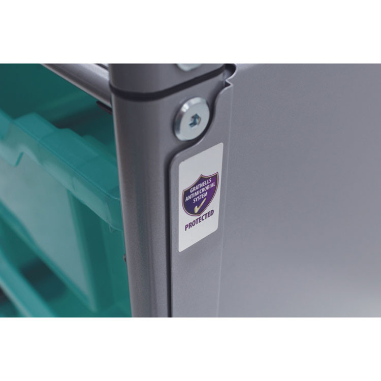 GRATNELLS USA, LLC SASET134429 Callero Plus Shield Double Trolley Set 13, Antimicrobial, Metal, 8 F2 Deep Bins, 27.4" x 17.3" x 41.5", Silver/Trans Kiwi