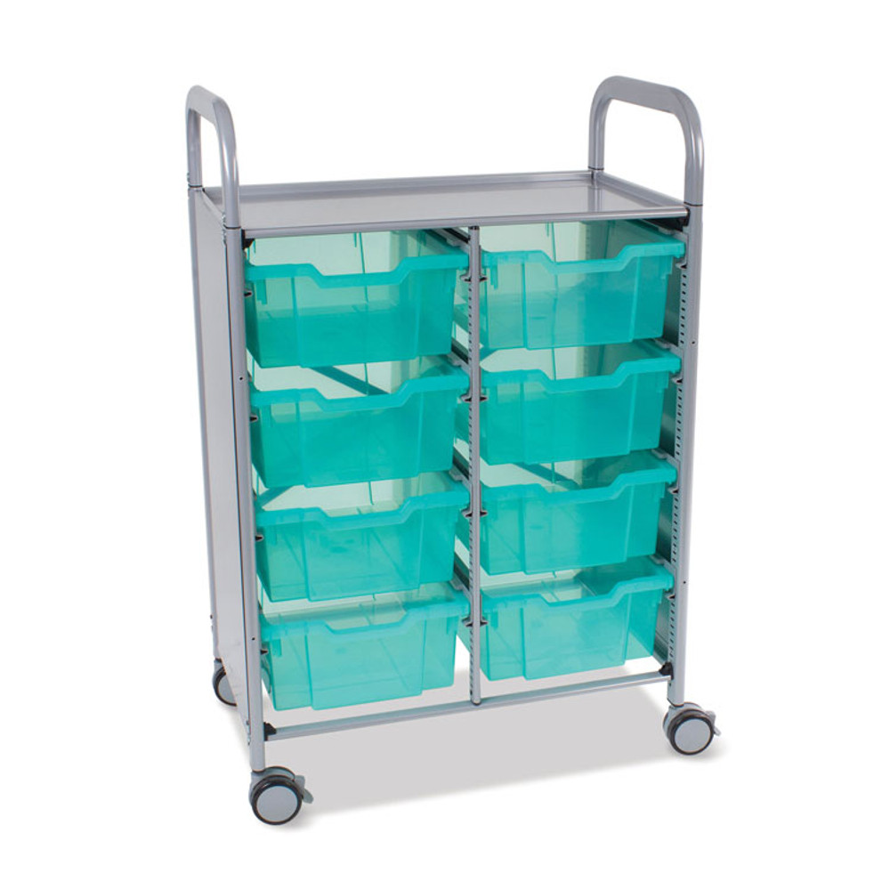 GRATNELLS USA, LLC SASET134429 Callero Plus Shield Double Trolley Set 13, Antimicrobial, Metal, 8 F2 Deep Bins, 27.4" x 17.3" x 41.5", Silver/Trans Kiwi