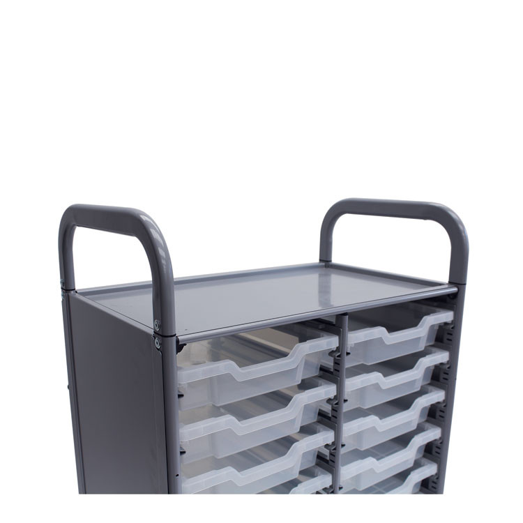 GRATNELLS USA, LLC SSET054420 Callero Plus Double Column Trolley Set 5, Metal, 1 Shelf, 16 F1 Shallow Bins, 27.4" x 17.3" x 41.5", Silver/Translucent Frost
