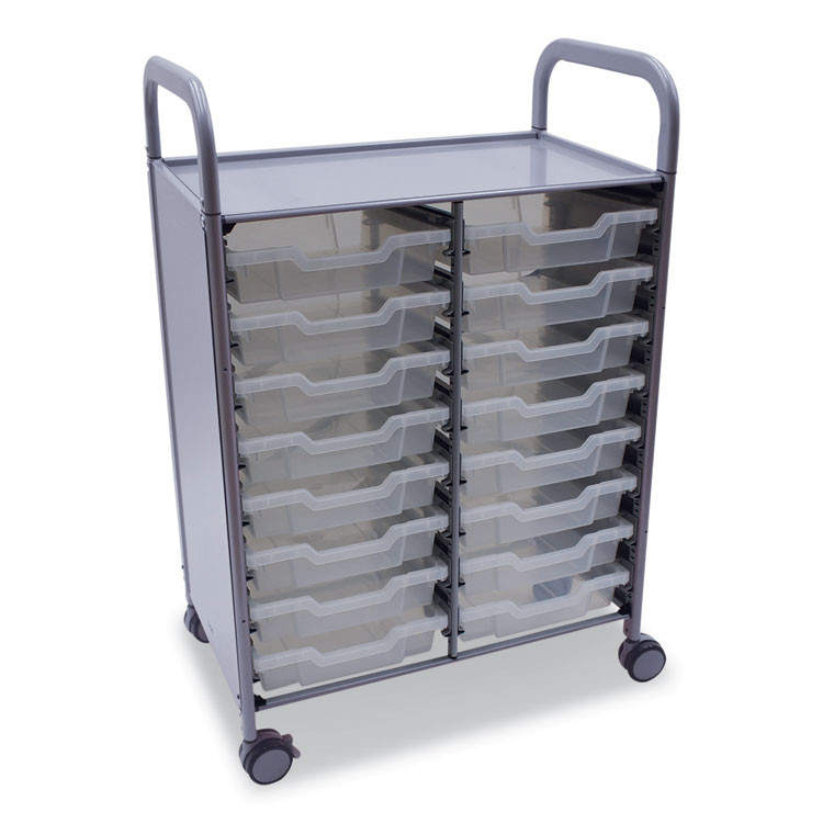 GRATNELLS USA, LLC SSET054420 Callero Plus Double Column Trolley Set 5, Metal, 1 Shelf, 16 F1 Shallow Bins, 27.4" x 17.3" x 41.5", Silver/Translucent Frost