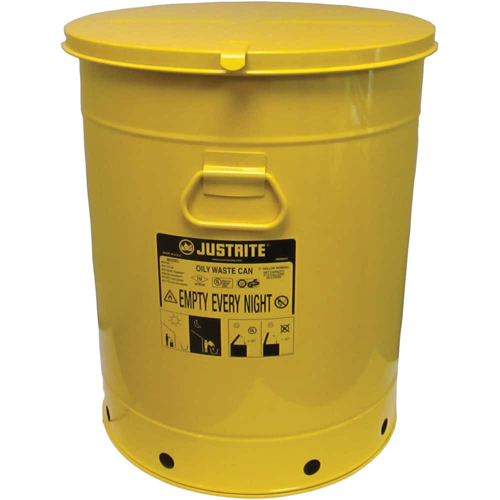 Justrite. 09711 Oily Waste Cans & Receptacles; Capacity: 21.000 ; Material: Steel ; Material: Galvanized Steel ; Color: Yellow ; Color: Yellow; Yellow ; Opening Style: Hand Operated