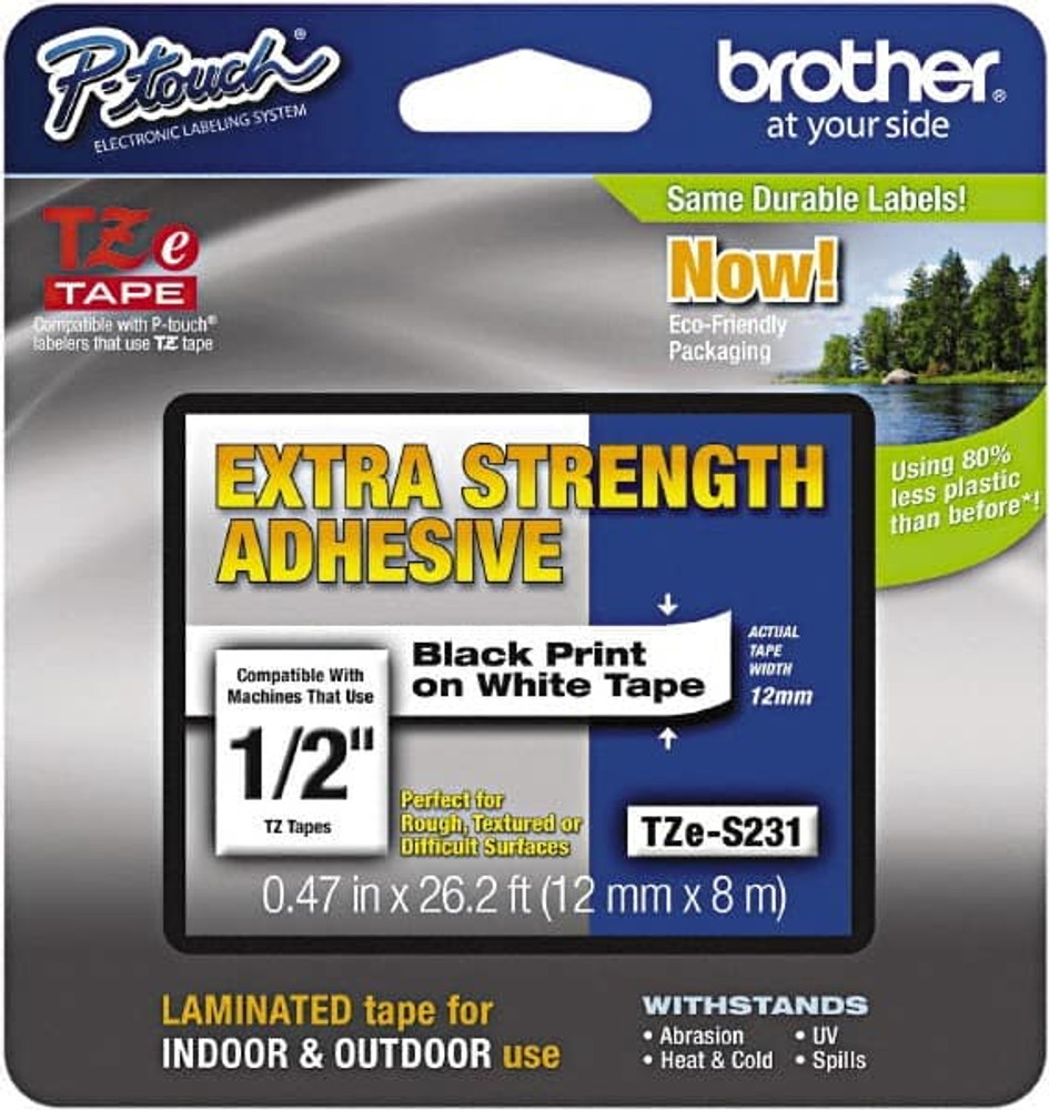 Brother TZES231 1/2" x 26' White Plastic/Paper Tape Cassette