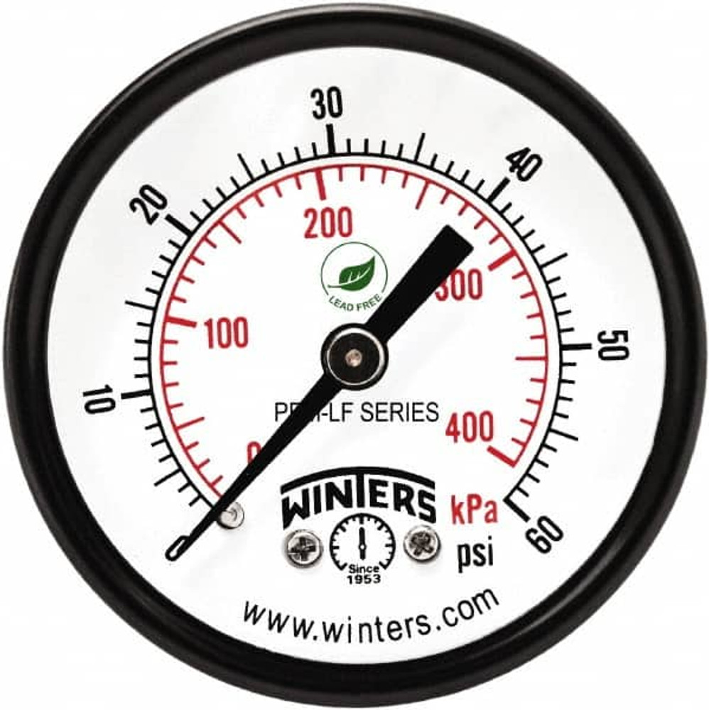 Winters PEM1404LF Pressure Gauge: 2" Dial, 1/8" Thread, NPT, Center Back Mount