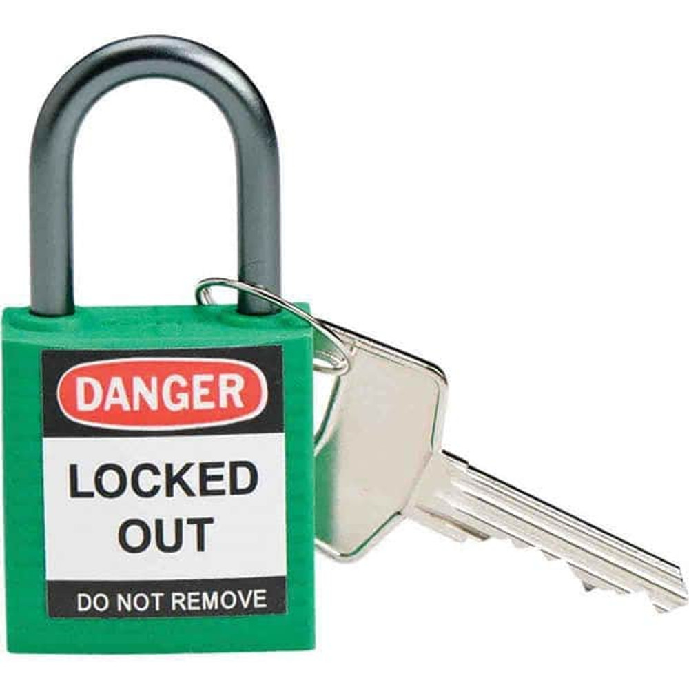 Brady 143152 Lockout Padlock: Keyed Different, Key Retaining, Nylon, 1" High, Nylon Shackle, Green