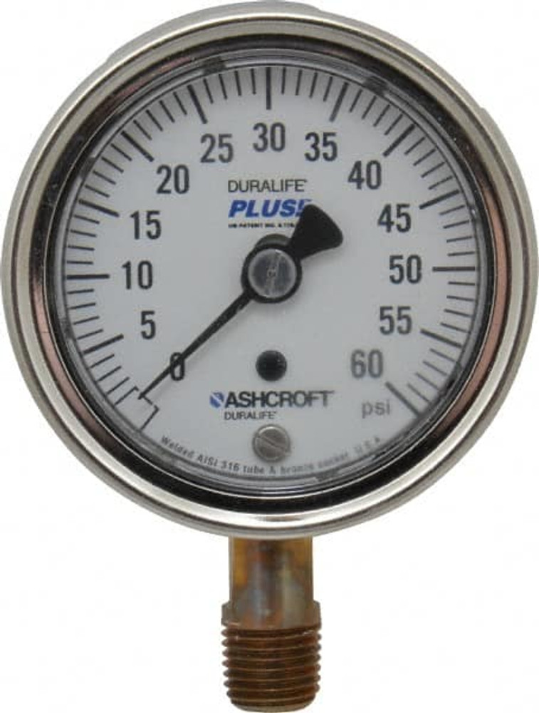 Ashcroft 94579XLL Pressure Gauge: 2-1/2" Dial, 0 to 60 psi, 1/4" Thread, MNPT, Lower Mount
