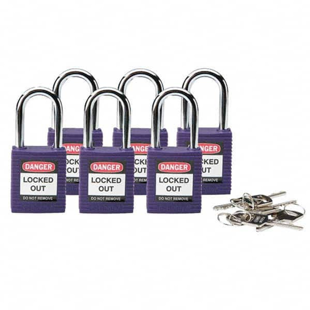 Brady 104916 Lockout Padlock: Keyed Different, Key Retaining, Nylon, Nylon Shackle, Purple