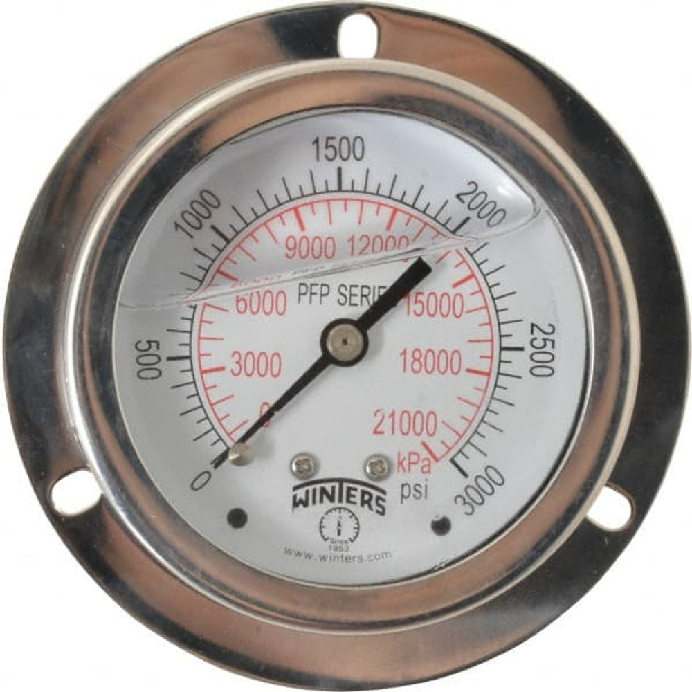 Winters PFP931-25FF-SG. Pressure Gauge: 2-1/2" Dial, 0 to 3,000 psi, 1/4" Thread, NPT, Back Mount