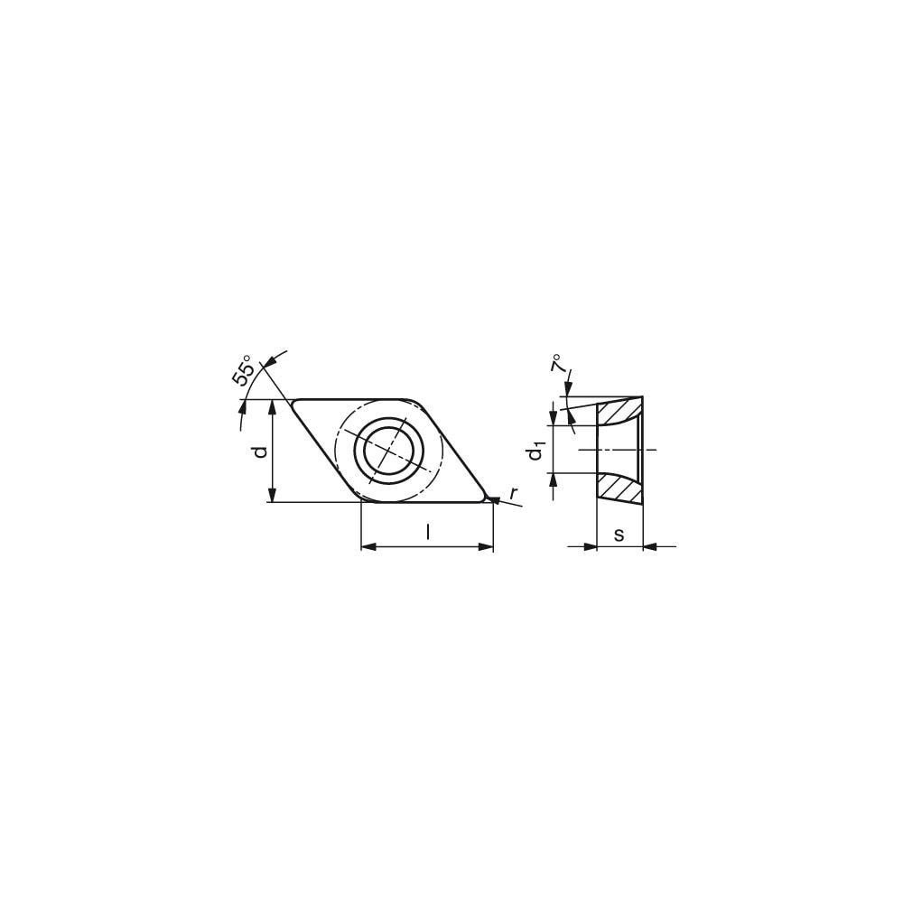 Ceratizit 70258006 Turning Inserts; Insert Style: DCMT ; Insert Size Code: 21.52 ; Insert Shape: Diamond ; Included Angle: 55.0 ; Inscribed Circle (Decimal Inch): 0.2500 ; Corner Radius (Decimal Inch): 0.0315