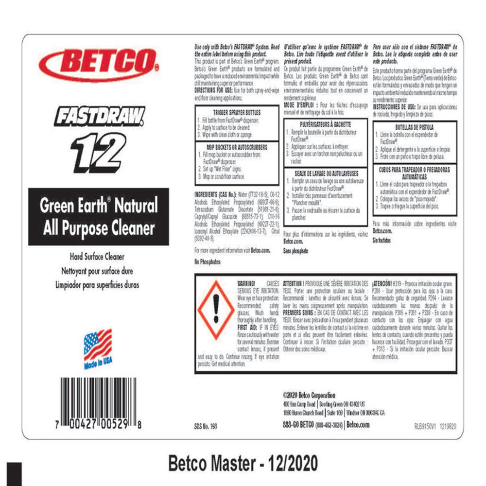 BETCO CORPORATION 1984700 Green Earth FastDraw Natural All Purpose Cleaner, Clean Scent, 2 L Bottle, 4/Carton