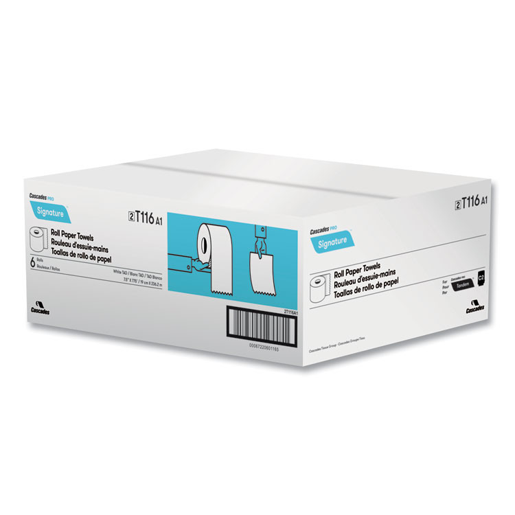CASCADES TISSUE GROUP PRO T116 Signature Hardwound Roll Towels for Tandem Dispensers, TAD, 1-Ply, 7.5" x 775 ft, White, 6 Rolls/Carton