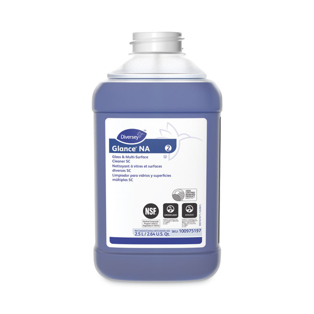 DIVERSEY 100975197 Glance NA Glass and Multi-Surface Cleaner SC, Fragrance-Free, 2.5 L Bottle, 2/Carton