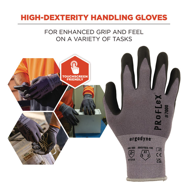 TENACIOUS HOLDINGS, INC. ergodyne® 10371 ProFlex 7000 Nitrile-Coated Gloves Microfoam Palm, EN388: 4121A, 9" Long, X-Small, Gray, Pair