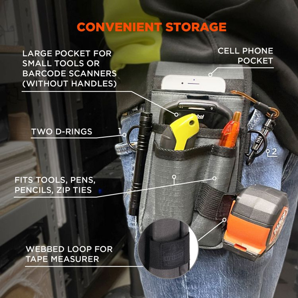 TENACIOUS HOLDINGS, INC. ergodyne® 13668 Arsenal 5568 Belt Loop Tool Pouch with Device Holster, 4 Compartments, 5 x 2 x 8.5, Polyester, Gray