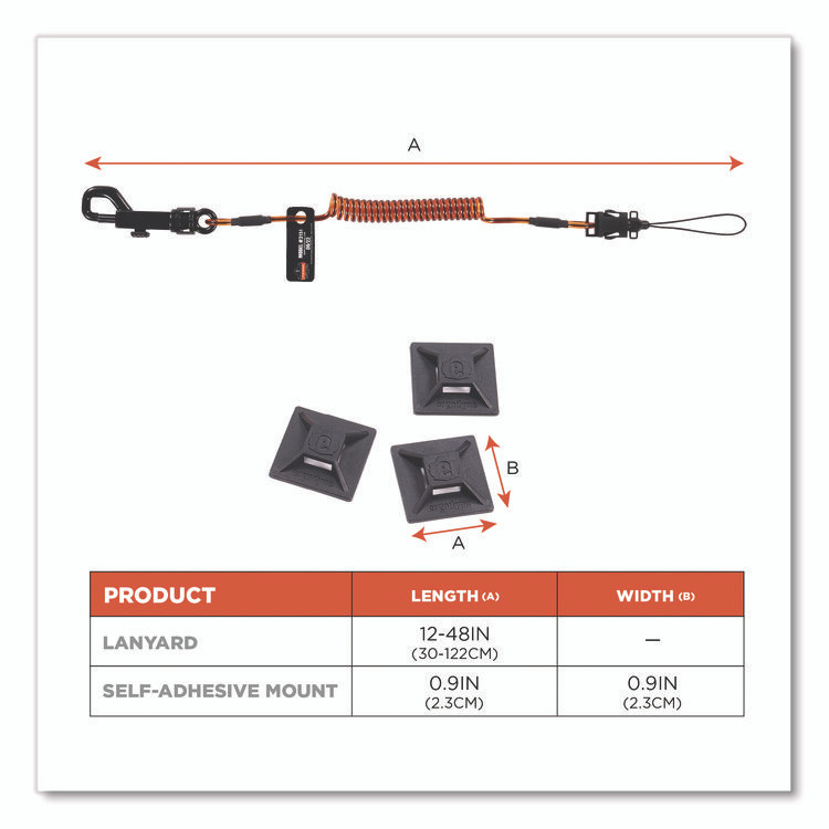 TENACIOUS HOLDINGS, INC. ergodyne® 19160 Squids 3151 Coil Lanyard Swivel Hook/Detachable Loop, Mini Adhesive Mount, 2 lb Max Working Capacity, 12" Long, Black/Orange