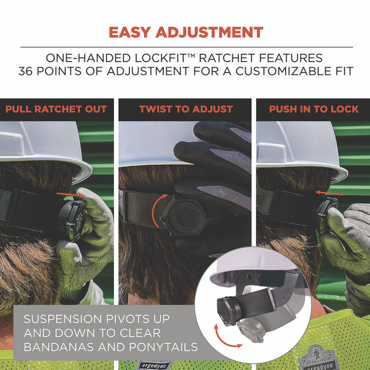 TENACIOUS HOLDINGS, INC. ergodyne® 60229 Skullerz 8969 Class E Lightweight Full Brim Hard Hat, 6-Point Rachet Suspension, White