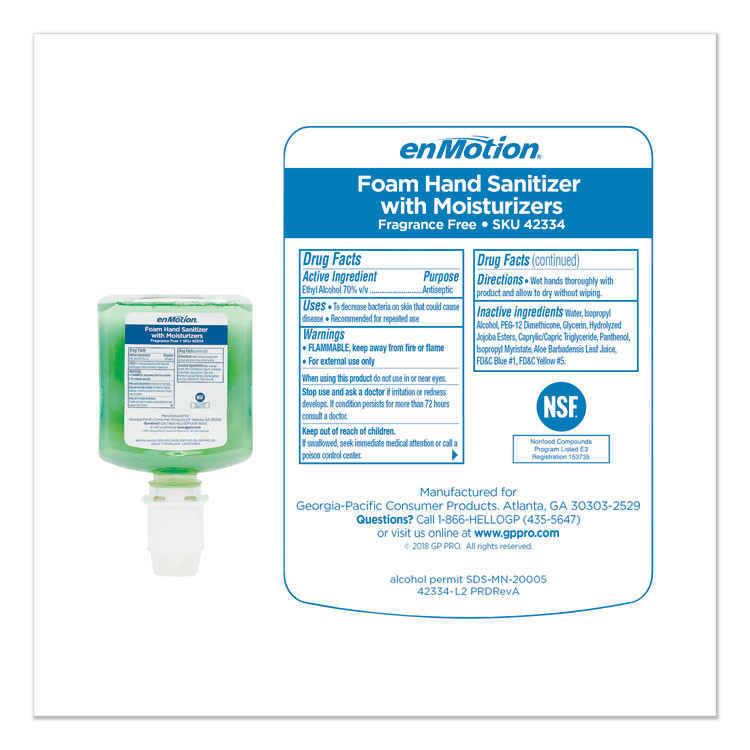 GEORGIA PACIFIC Professional 42334 GP enMotion Gen2 Moisturizing Foam Hand Sanitizer Dispenser Refill, 1,000 mL, Fragrance-Free, 2/Carton