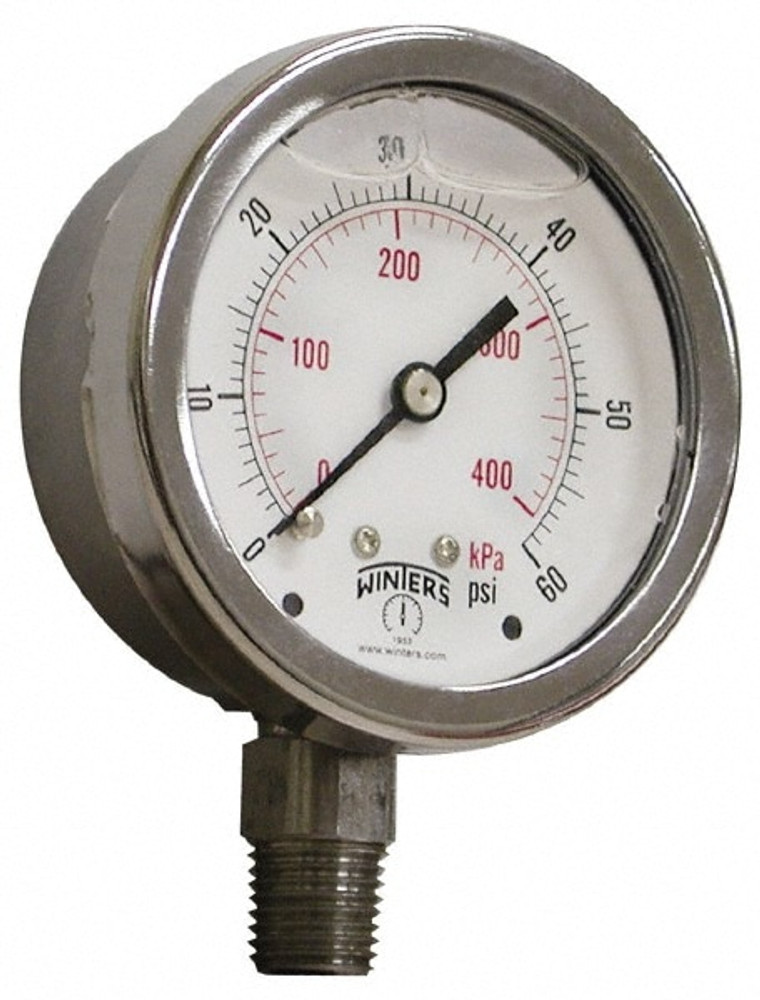 Winters PFP824 Pressure Gauge: 2-1/2" Dial, 0 to 100 psi, 1/4" Thread, NPT, Bottom Mount