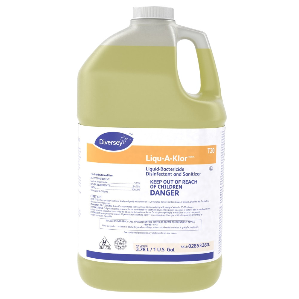 Efficiently clean food prep and food contact surfaces with Diversey LIQU-A-KLOR Bactericide Disinfectant Sanitizer. Help your team maintain proper food safety standards in your commercial kitchen with this powerful bleach formula.  Designed to disinfect and sanitize food contact equipment and utensils.  Suitable for use as a sanitizer for bar glass machine operations.  Recommended 256 solvent parts dilution ratio.  Alcohol-free formula contains bleach.  Liquid cleaner can be poured directly from the bottle.  EPA registration number 875-190.  Includes 4 bottles.  Antimicrobial is an agent that kills microorganisms or stops their growth.
