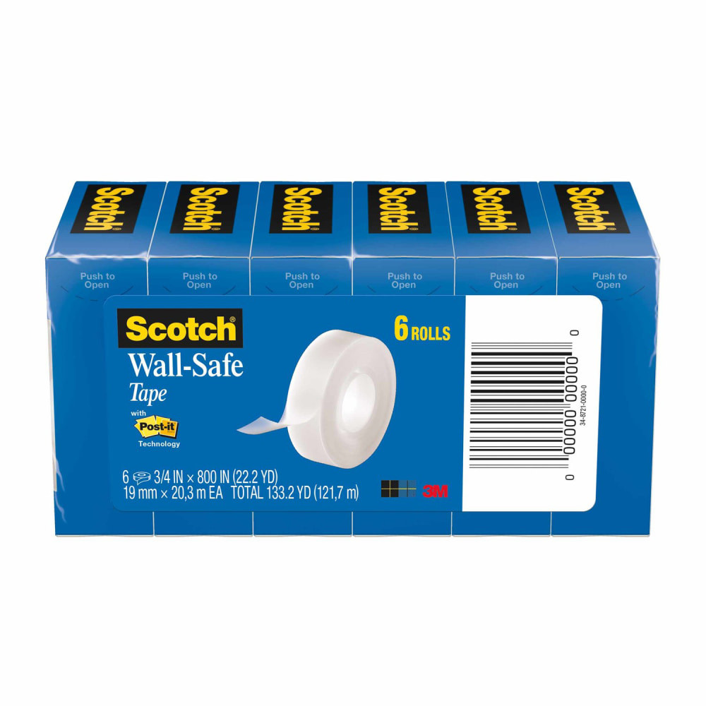 3M CO Scotch 813S6  Wall-Safe Tape, 3/4in x 800in, Clear, Pack Of 6 Rolls