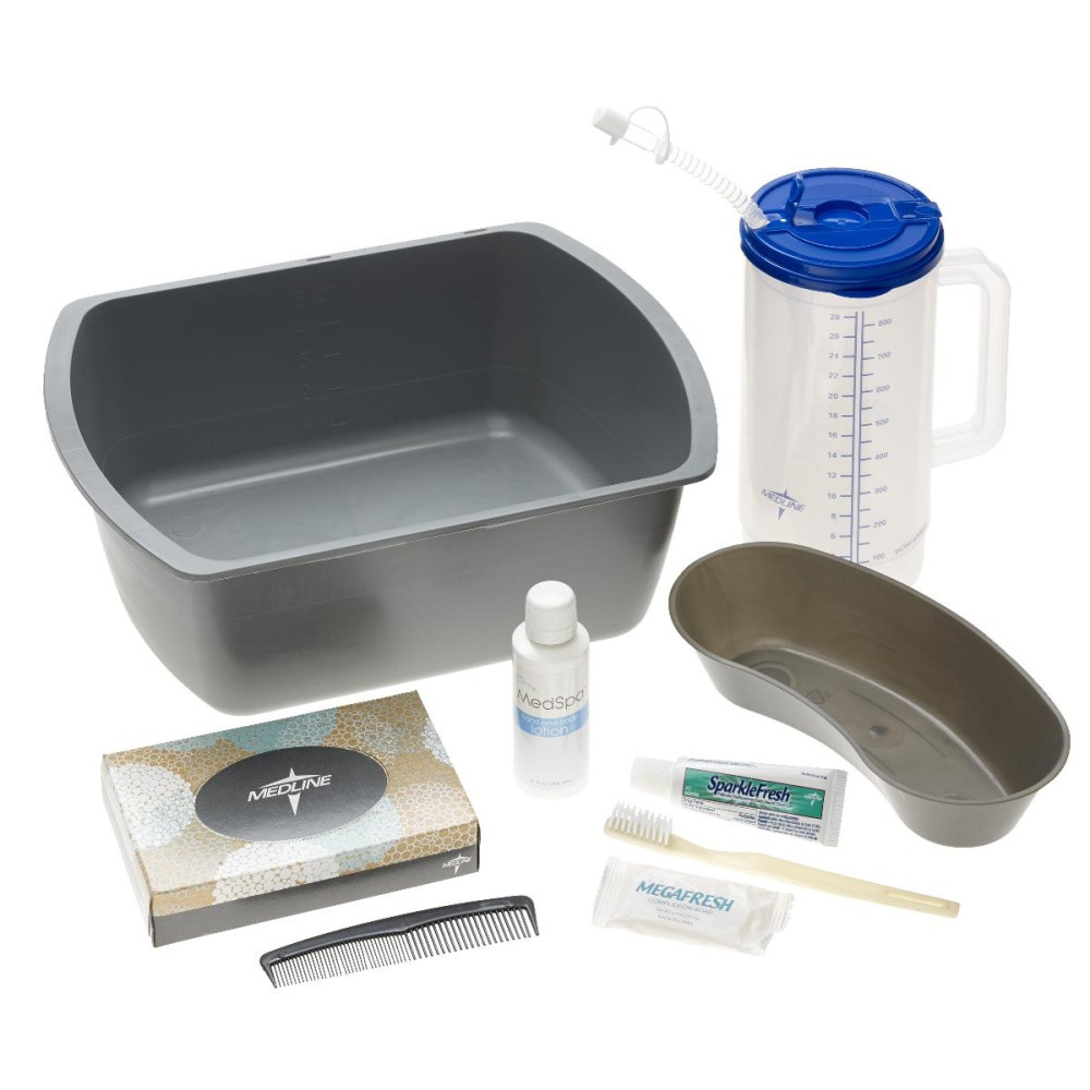 Great for busy medical facilities, these admission kits provide an array of important accessories. The kit comes with a water pitcher, a 9 oz tumbler, deodorant soap and more to help you tend to your patients.  Includes a comb, an emesis basin, a water pitcher, a foam pitcher jacket, a bar of deodorant soap, a soap dish with ridges, a box of facial tissue, a 9 oz tumbler and a wash basin.  Pitcher features a handle and lid.  Tissue box comes with 40 sheets to help patients manage a cold.  Rectangular wash basin holds up to 6 qt.