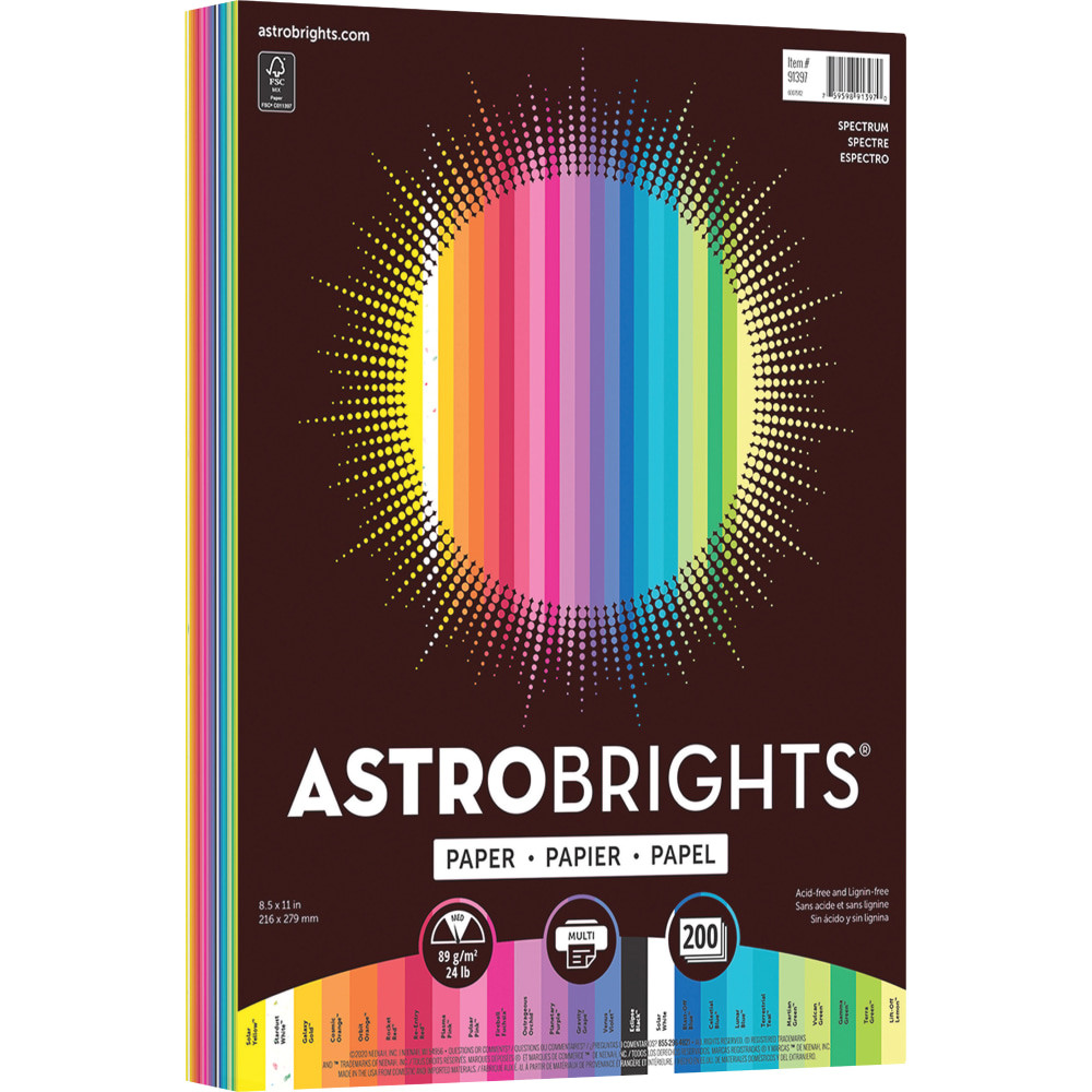 WAUSAU PAPER MILLS LLC Astrobrights 91397  Smooth Multi-Use Printer & Copy Paper, Assorted Colors, Letter (8.5in x 11in), 200 Sheets Per Pack, 28 Lb, 94 Brightness