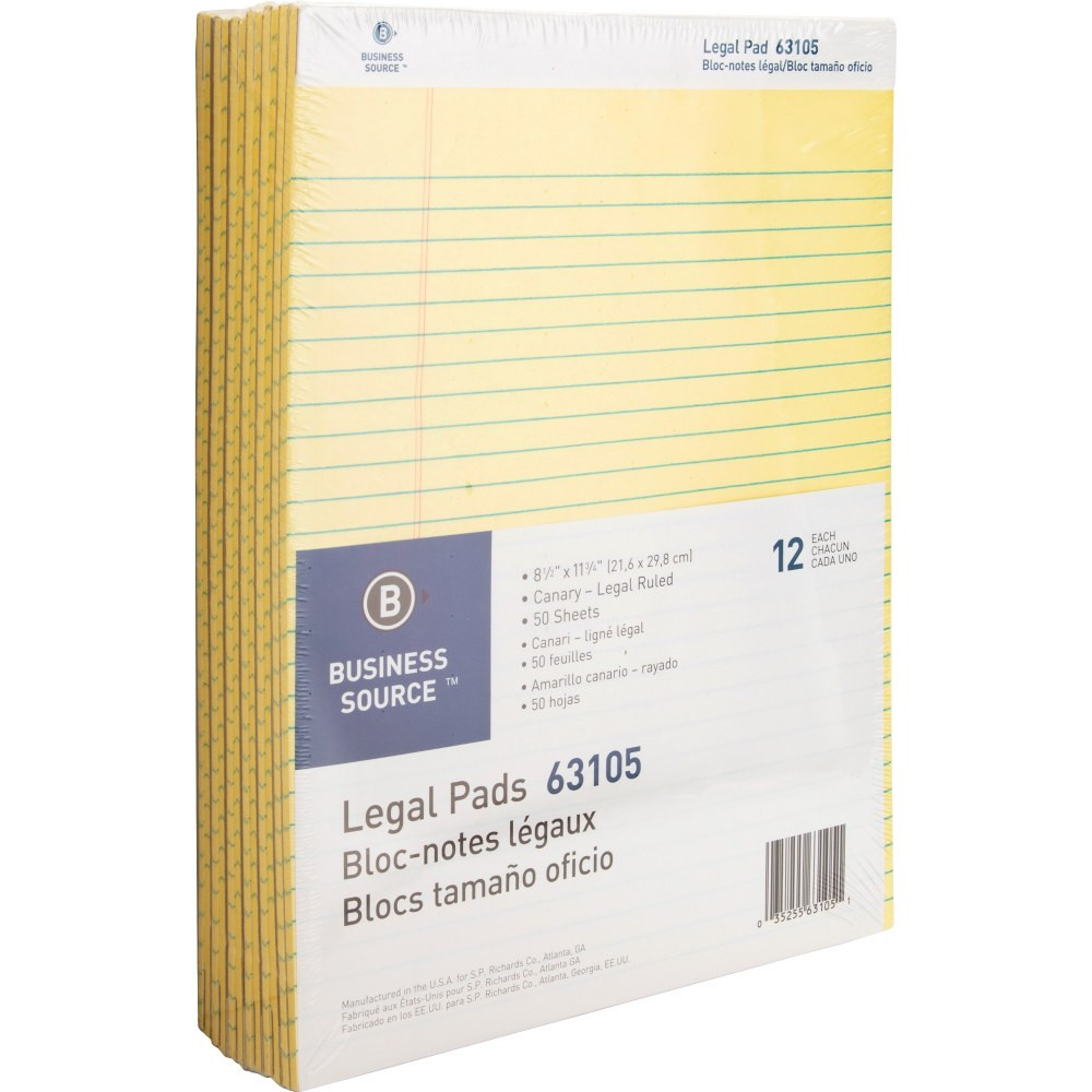 SP RICHARDS 63105 Business Source Micro-Perforated Legal Ruled Pads - 50 Sheets - 0.34in Ruled - 16 lb Basis Weight - 8 1/2in x 11 3/4in Sheet Size - Canary Paper - Micro Perforated, Easy Tear, Sturdy Back - 1 Dozen