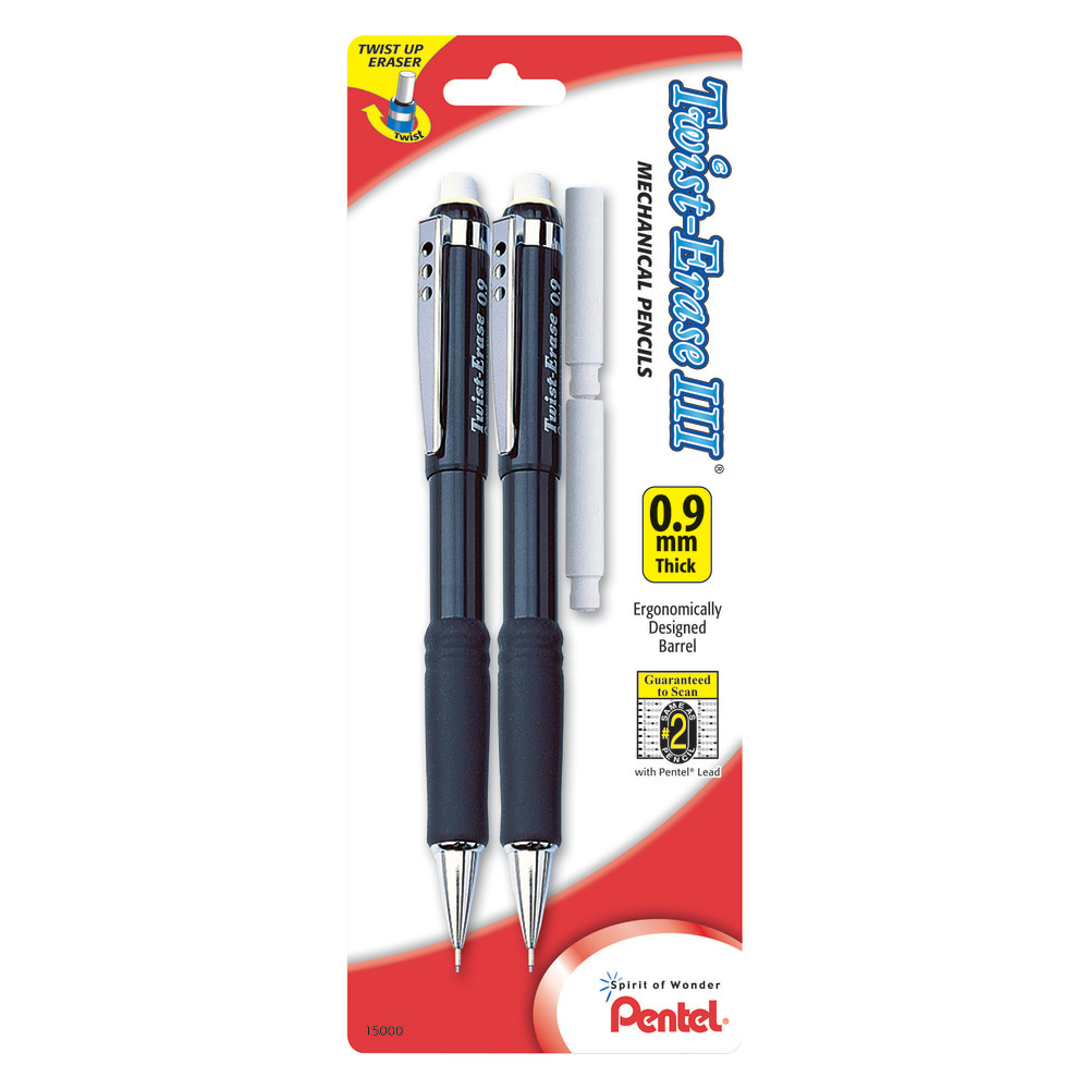 Tackle every writing task with this Pentel Twist-Erase III mechanical pencil. Constructed for long-lasting use, this refillable pencil uses Pentel Super Hi-Polymer lead for consistent bold strokes, whether you are writing or working on math. A unique twist-up eraser is long in size to help you take care of mistakes. This Pentel Twist-Erase III mechanical pencil has a comfortable latex-free grip for easy handling.  Mechanical pencil uses Super Hi-Polymer for bold strokes.  Twist barrel easily advances and retracts the oversized eraser.  Push down to advance the lead.  Latex-free grip for comfortable handling.  Refillable for extended use.  0.9mm lead tip.  Assorted barrel color.  Pack of 2.  Refillable - designed to be used repeatedly, helping you avoid single-use disposables and potentially save money.