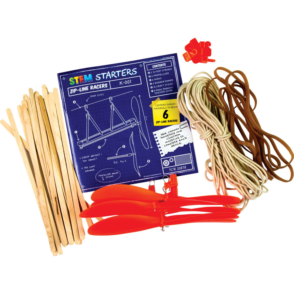 Encourage hands-on learning with the Teacher Created Resources STEM Starters Zip-Line Racers. Using everyday objects, kids are challenged to create a propeller-powered device, improving their ability to make educated guesses, problem solve and more.  Designed to teach the engineering design process.  Includes propellers, rubber bands, craft sticks and string.  Includes enough material for 6 racers.  Ideal for ages 8 and up.