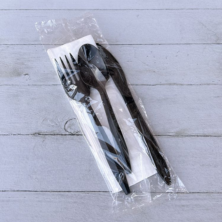 BOARDWALK 4KITBLPP Four-Piece Cutlery Kit, Mediumweight, Fork/Knife/Napkin/Spoon, Plastic, 6.38", Black, 250/Carton